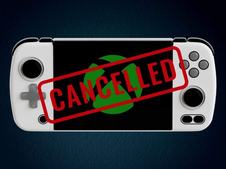 console portatile bianca con logo xbox su sfondo blu con scritta cancelled