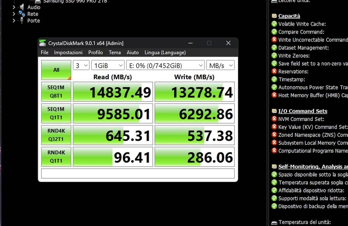 Un benchmark fatto con Crystal Disk Mark per il Samsung 9100 Pro 8TB