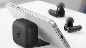 auricolari messe su tavolinetto, custodia aperta, smartphone appoggiato su custodia