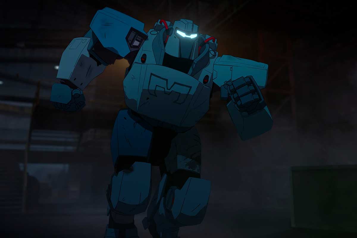 Il mecha di mechaman che corre verso la camera