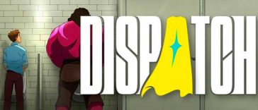 Robert robertson di spalle che urina in un urinatoio con di fianco un gigante, la scritta dispatch con la A a mantello da supereroe