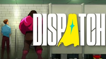 Robert robertson di spalle che urina in un urinatoio con di fianco un gigante, la scritta dispatch con la A a mantello da supereroe