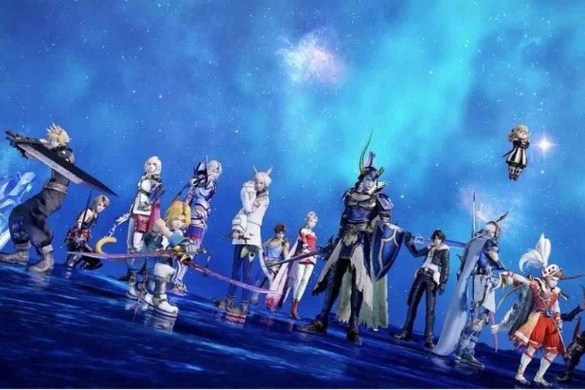personaggi di final fantasy disposti in linea con spade in mano