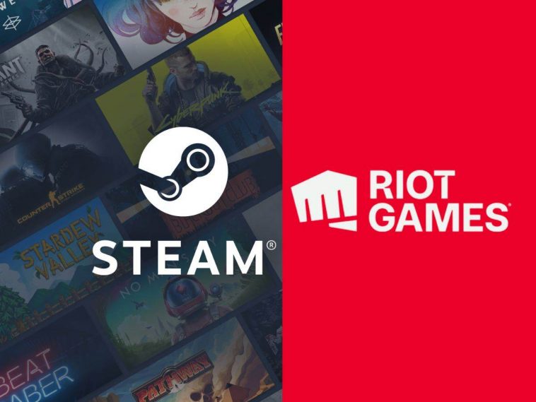 logo steam con scritta steam, logo riot games scritta riot games
