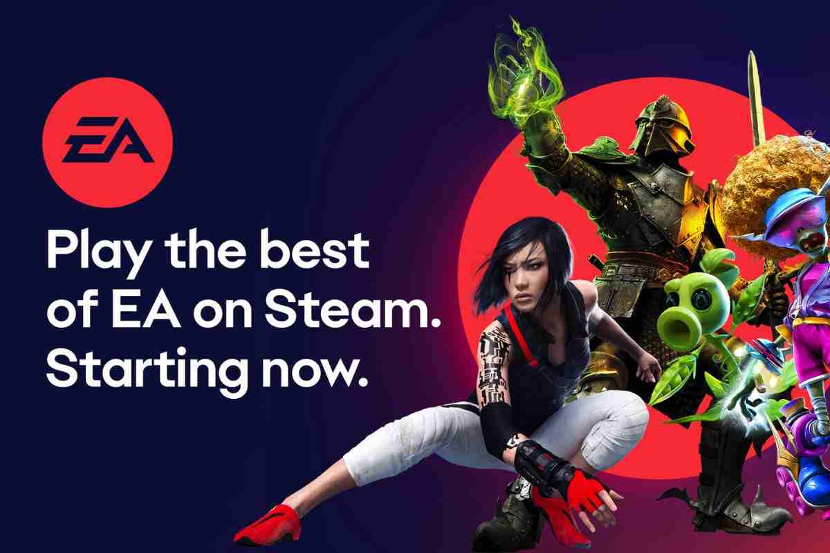 logo EA con scritta PLay the best of EA on stram starting now con donna in posa da ninja, sldato con elmo magico, pianta umanoide