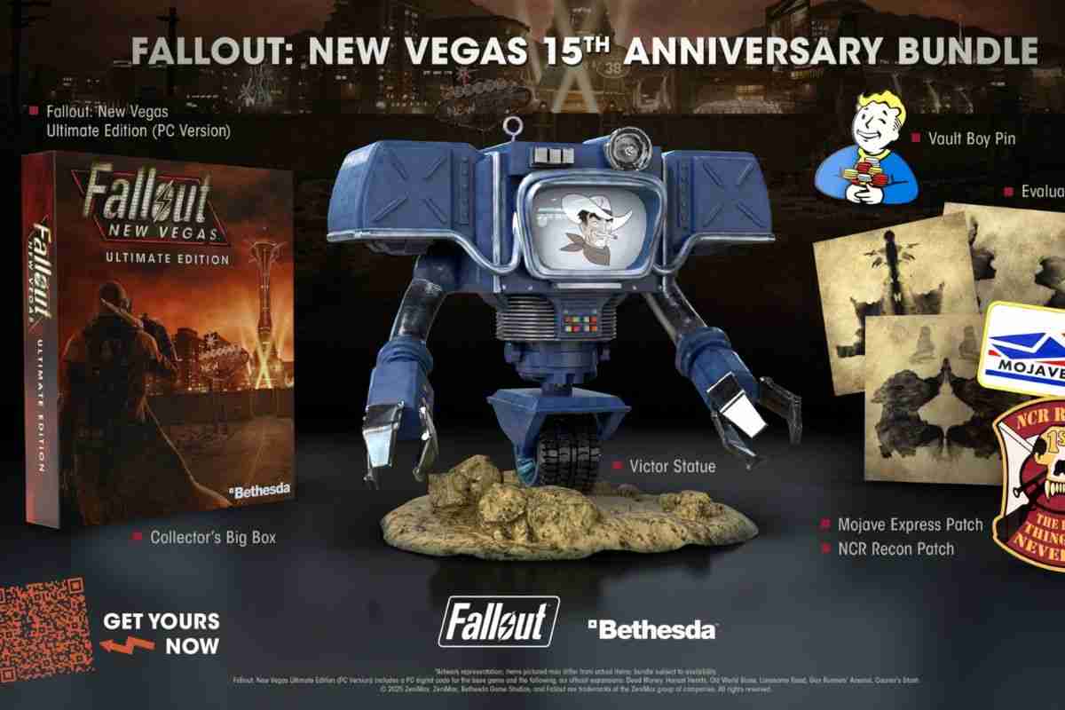 statua di victor di fallout new vegas, copia del gioco, scritta fallut new vegas 15th anniversary collection bundle
