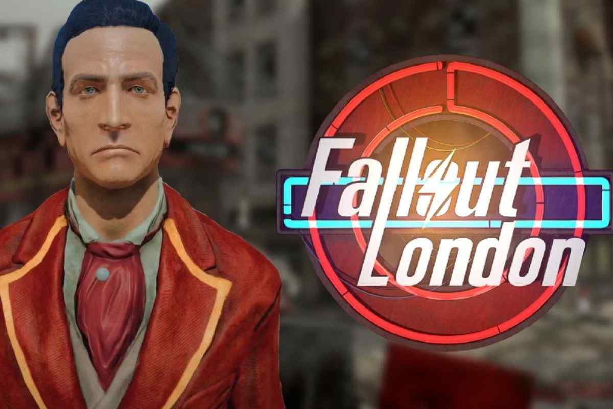 personaggio maschile con giacca e cravatta rosse, accanto logo al neon fallout london