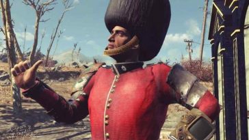 personaggio con uniforma da guardia reale inglese con giubba rossa e cappello nero alto, che fa pollice in alto verso di lui, ambientazion postapocalittica