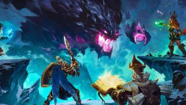 guerriero di spalle, maga di spalle, uomo con libro di spalle, drago nero con bocca viola