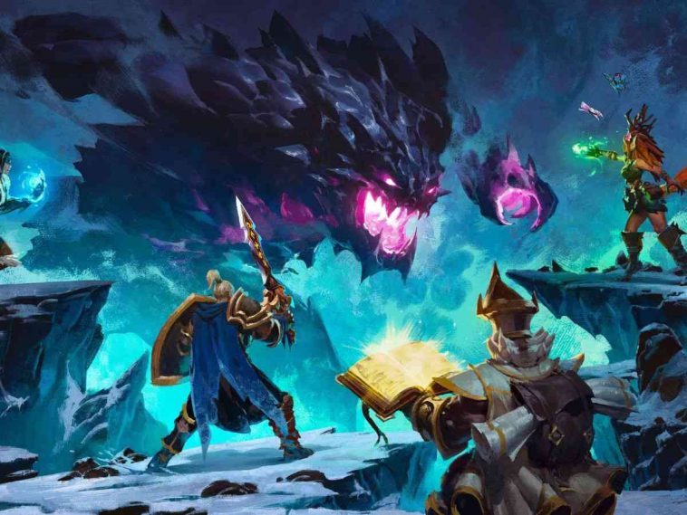 guerriero di spalle, maga di spalle, uomo con libro di spalle, drago nero con bocca viola