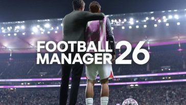 football manager 26 screenshot con allenatore e giocatore e logo del gioco
