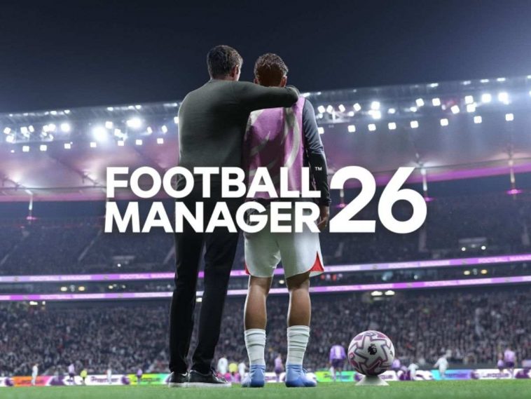 football manager 26 screenshot con allenatore e giocatore e logo del gioco