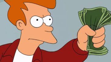 fry di futurama con banconote verdi in mano