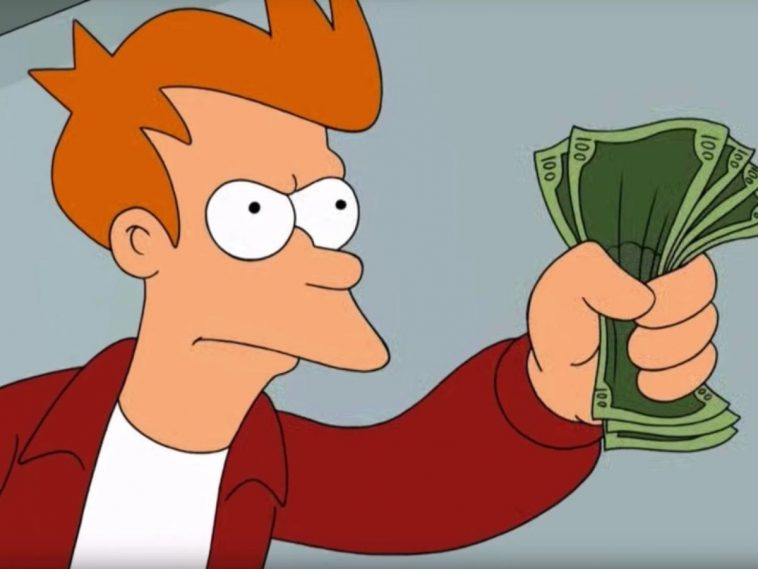fry di futurama con banconote verdi in mano