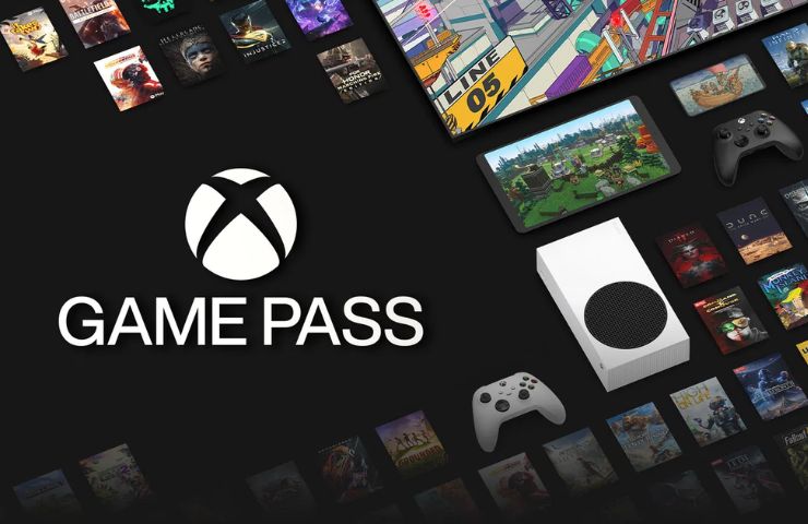 game pass logo su sfondo nero e locandine di giochi in diagonale