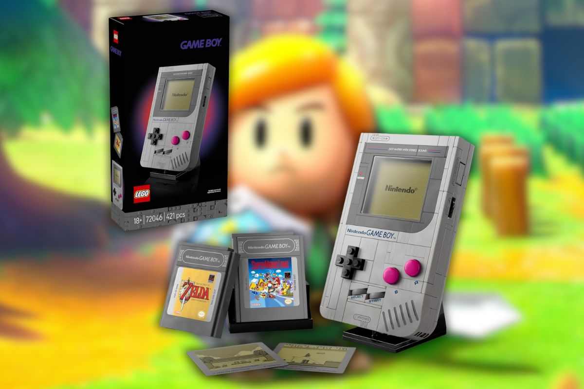 Lego game boy costruito, cartucce game boy, scatola game boy, sullo sfondo The Legend Of Zelda Link's Awakening