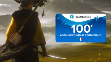 ghost of yotei protagonista di spalle con shop card playstation da 100€