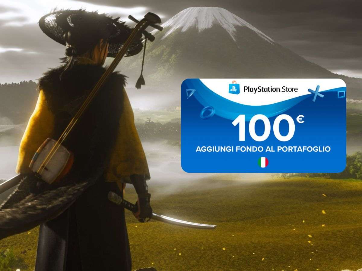 ghost of yotei protagonista di spalle con shop card playstation da 100€