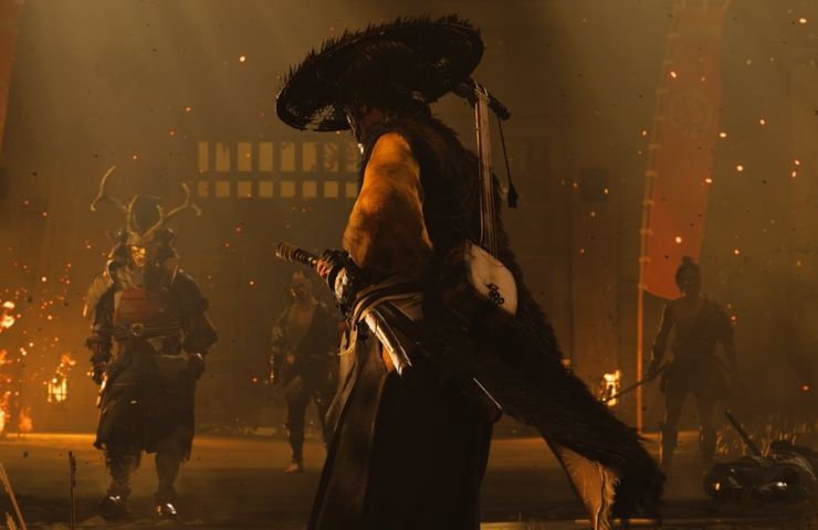 ghost of yotei personaggio di spalle in una sala