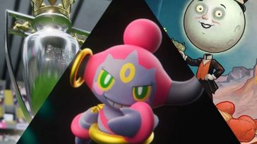 collage con coppa della premier league da football manager 26, hoopa su sfondo nero da leggende pokemon z-a multidimensione e key art di the outer worlds 2