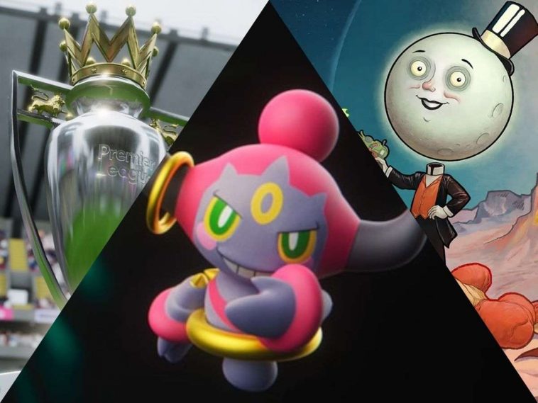 collage con coppa della premier league da football manager 26, hoopa su sfondo nero da leggende pokemon z-a multidimensione e key art di the outer worlds 2