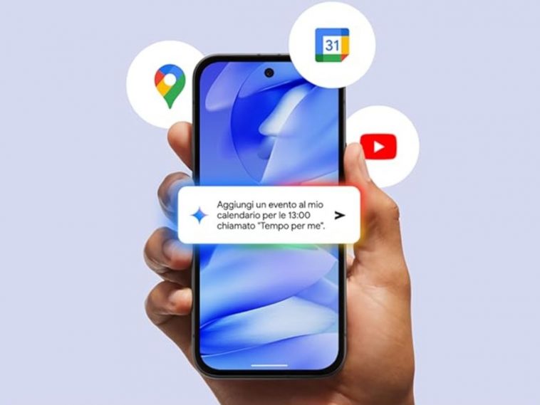 Google Pixel 9a tenuto in mano con evidenza varie funzioni con icone (maps, calendar, youtube)