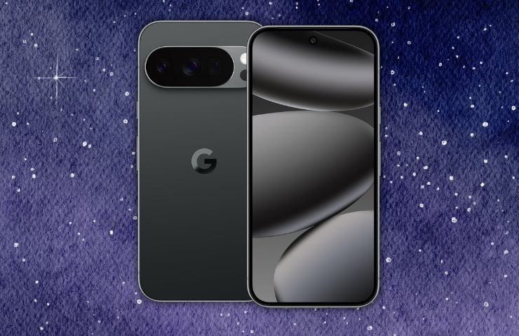 Google pixel 10 fronte retro su sfondo stellato