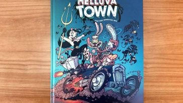 La copertina di HelluvaTown, con un gruppo di personaggi toon che guida un automobile