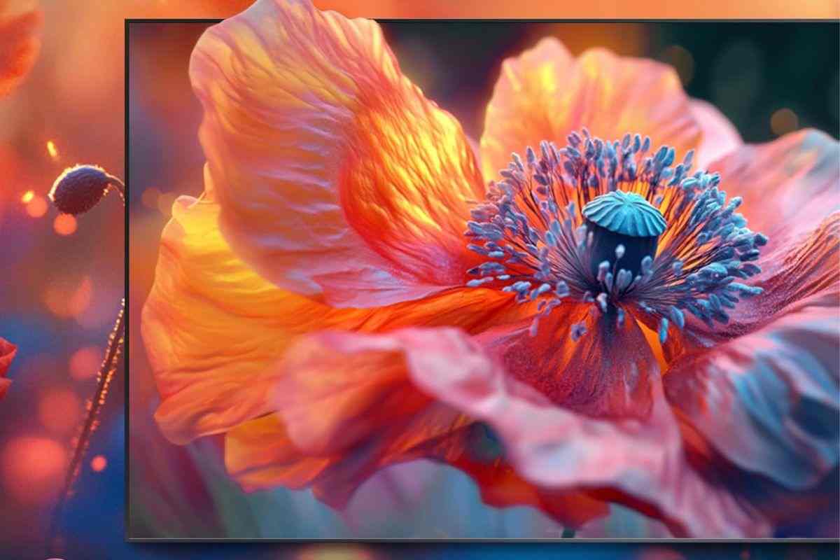 fiore arancione grande che viene fuori da schermo televisivo