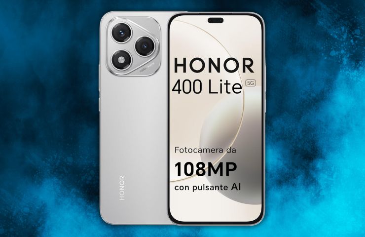 Honor 400 Lite fronte retro su sfondo blu fumoso