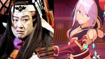 a sinistra attore giapponese con faccia truccata di bianco, a destra ragazza anime con capelli rosa