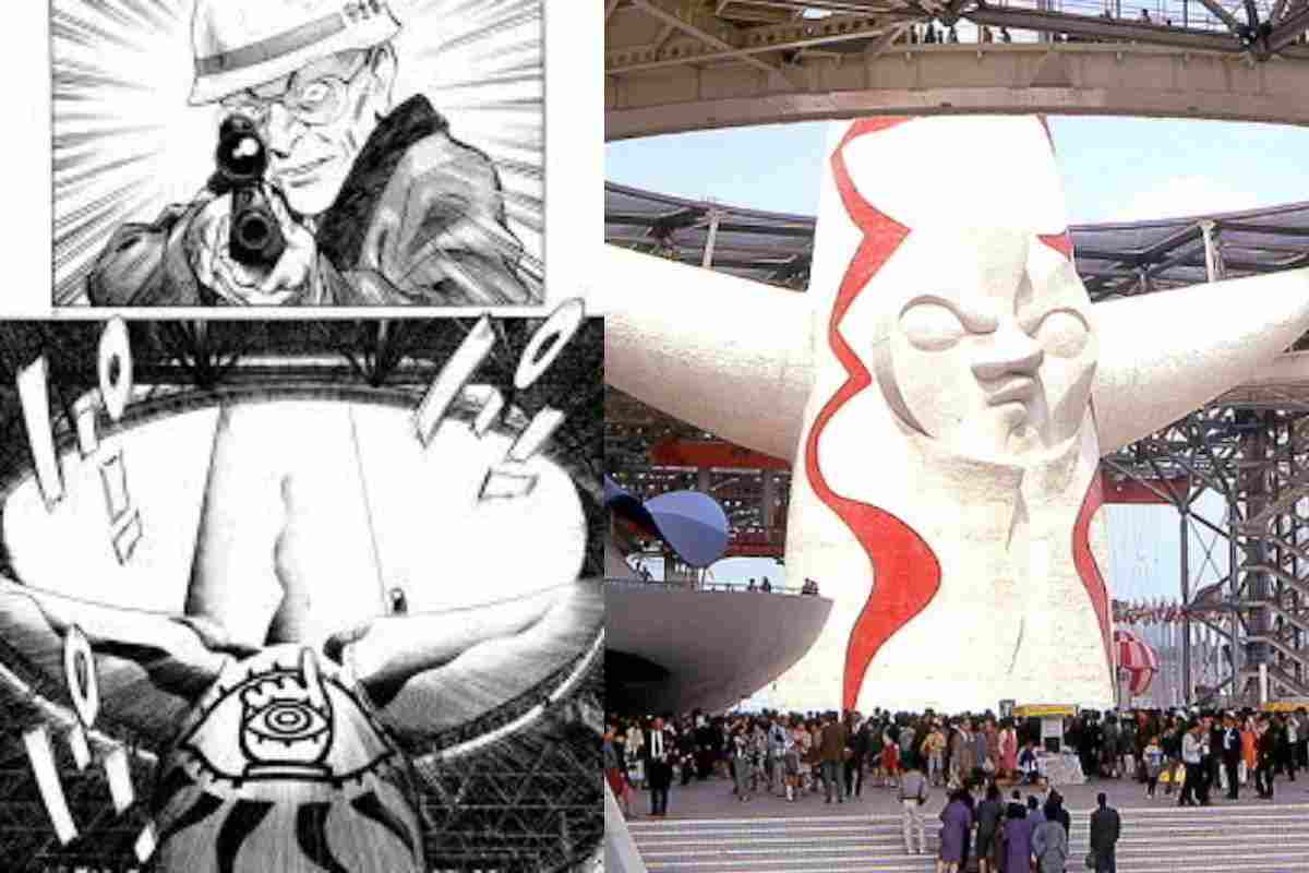 torre banca con faccia, disegno manga di torre con faccia e uomo con fucile in mano