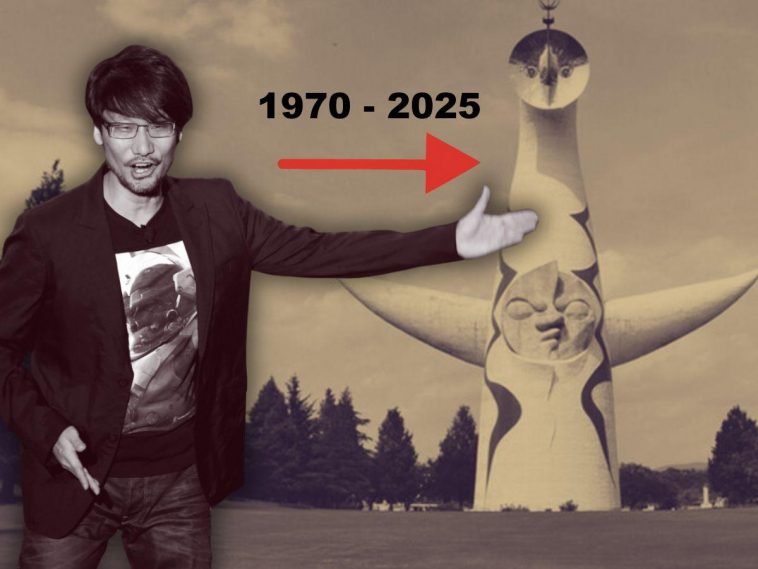 kojima che indica torre del sole di expo 1970, scritta 1970 2025 freccia rossa