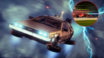 La Delorean volante di Ritorno al Futuro II e in evidenza una Ferrari da F1