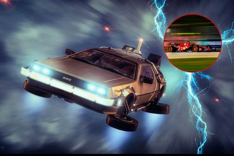 La Delorean volante di Ritorno al Futuro II e in evidenza una Ferrari da F1