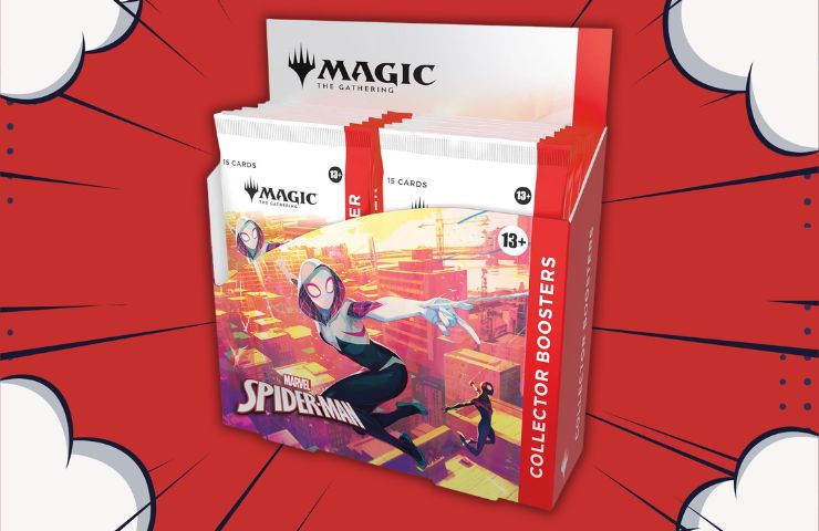 collector booster magic spider-man confezione su sfondo fumetto