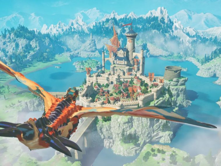 Personaggio principale di Monster Hunter Stories 3 che cavalca un Rathalos in volo davanti un castello