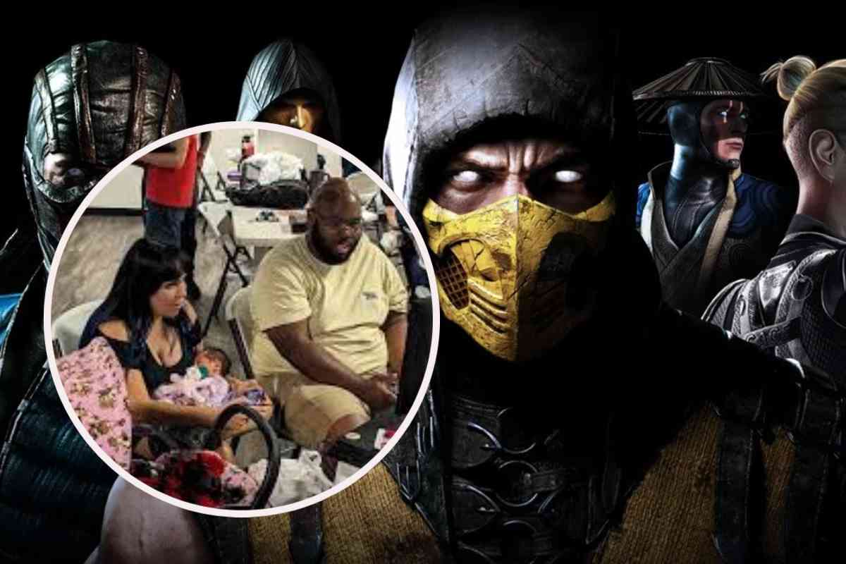 La locandina di Mortal Kombat XL e in evidenza la gamer Legi0n la bebè tra le braccia