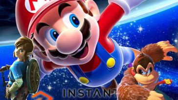 link con capelli biondi e spada, donkey kong che da un pugno, super mario che vola n cielo