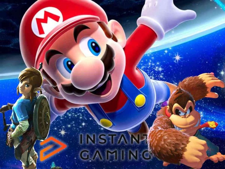 link con capelli biondi e spada, donkey kong che da un pugno, super mario che vola n cielo