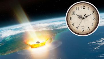 L'illustrazione dell'impatto di un asteroide con la Terra e, in evidenza, un orologio