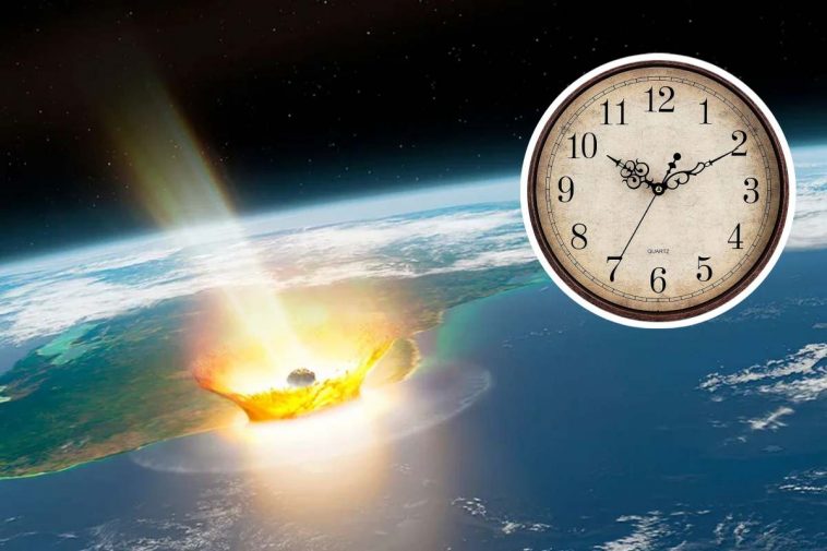 L'illustrazione dell'impatto di un asteroide con la Terra e, in evidenza, un orologio