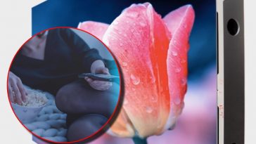 Una wall tv con un tulipano e, in evidenza, una ragazza con un telecomando in mano