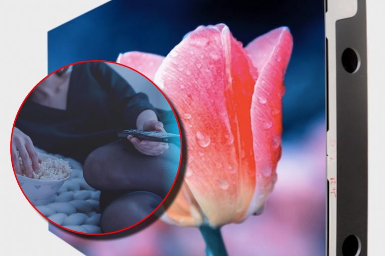 Una wall tv con un tulipano e, in evidenza, una ragazza con un telecomando in mano