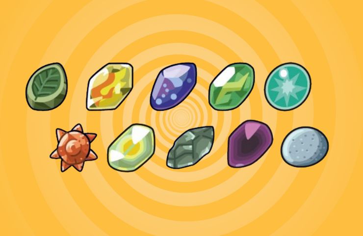 pietre evolutive di pokemon su sfondo giallo