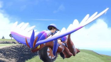 screenshot di pokemon scarlatto e violetto con personaggio che cavalca koraidon in volo