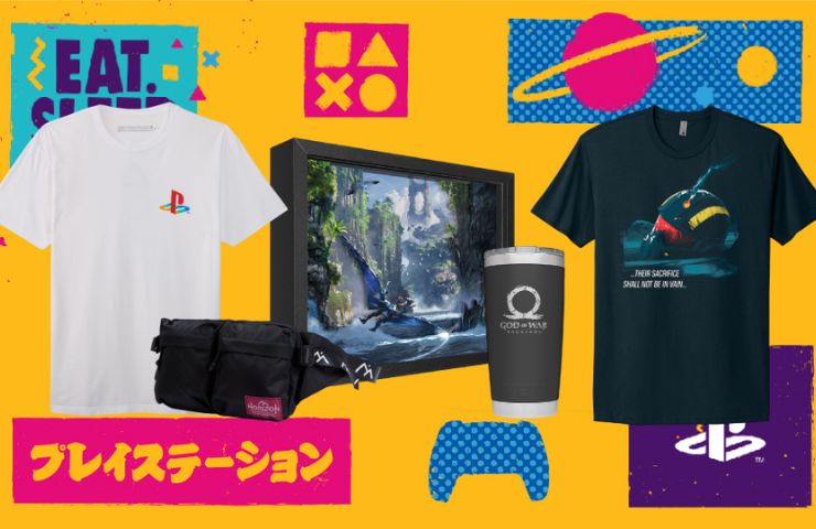 prodotti del playstation gear store su sfondo giallo