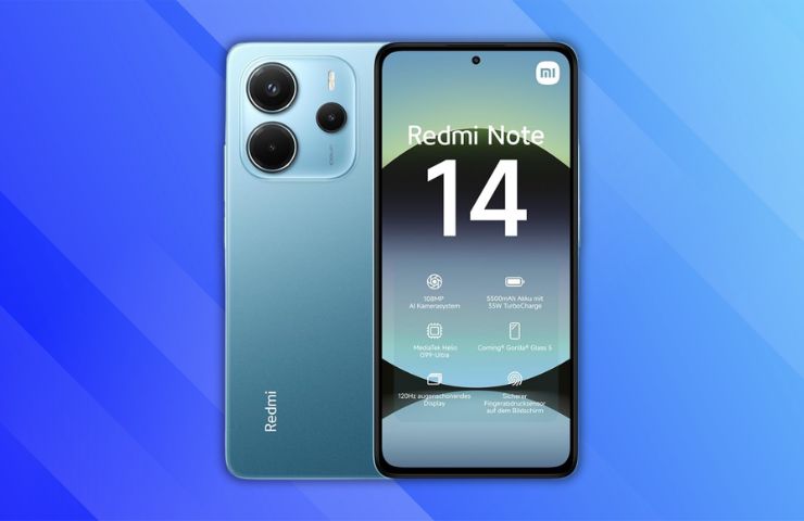 smartphone redmi note 14 fronte retro su sfondo azzurro