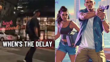 a sinistra tiktoker che urla "when's the delay", a destra personaggio disegnati donna con valigetta in mano, uomo con pistola