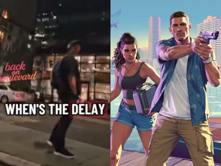 a sinistra tiktoker che urla "when's the delay", a destra personaggio disegnati donna con valigetta in mano, uomo con pistola